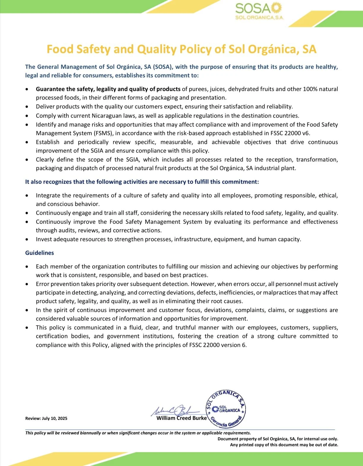 Food Safety and Quality Policy- Sol Organica
