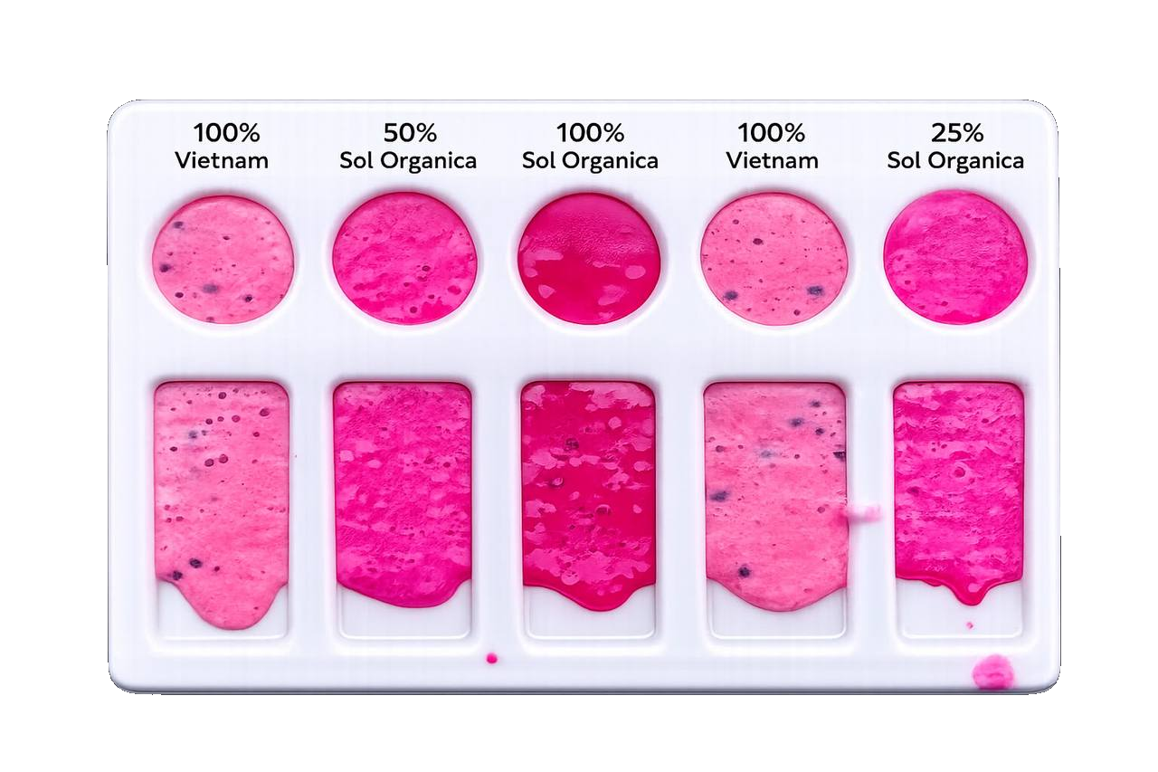 Dragon fruit puree color comparison showing Sol Organica color intensity at lower inclusion rates
